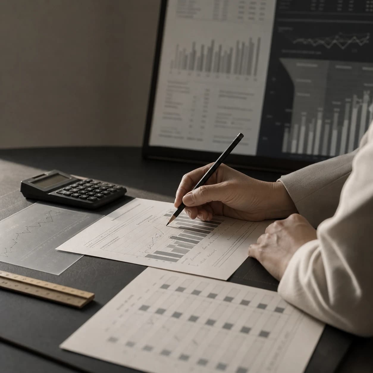 In-house analyst annotating cash-flow analysis and reviewing a proposed funding structure
